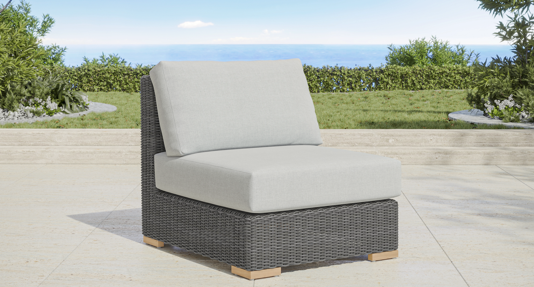 none, teak coffee table, 2 ottomans