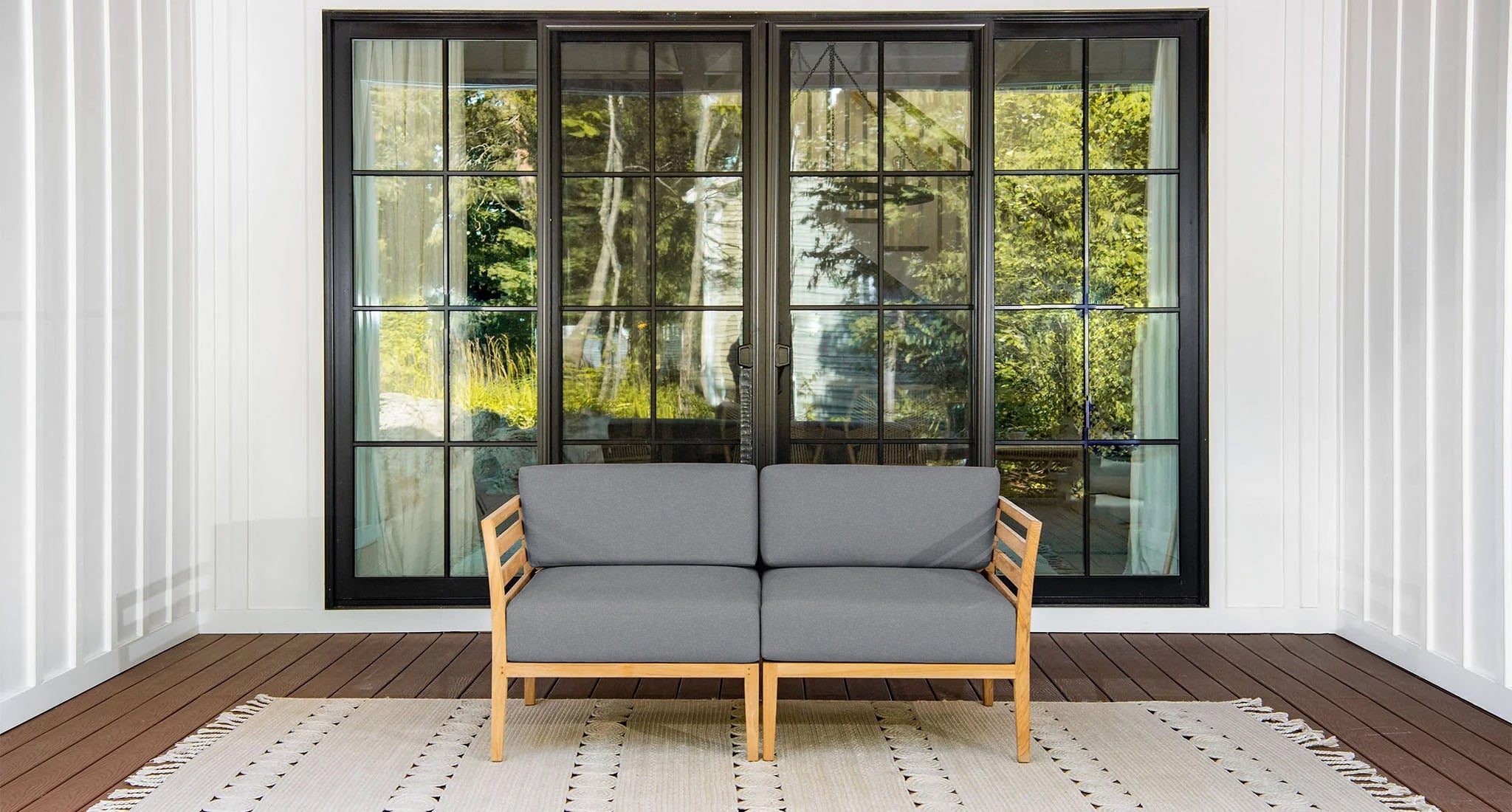 Bali teak outdoor loveseat - Sunbrella Cast Slate