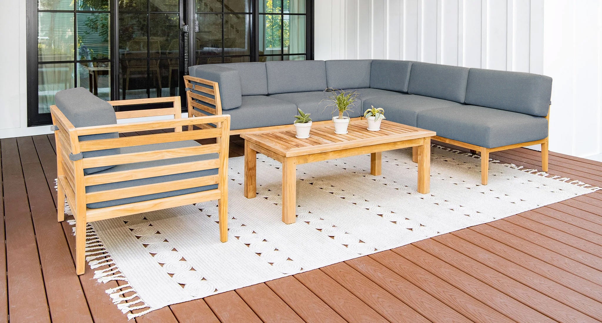 Bali teak outdoor sectional set - Sunbrella Cast Slate