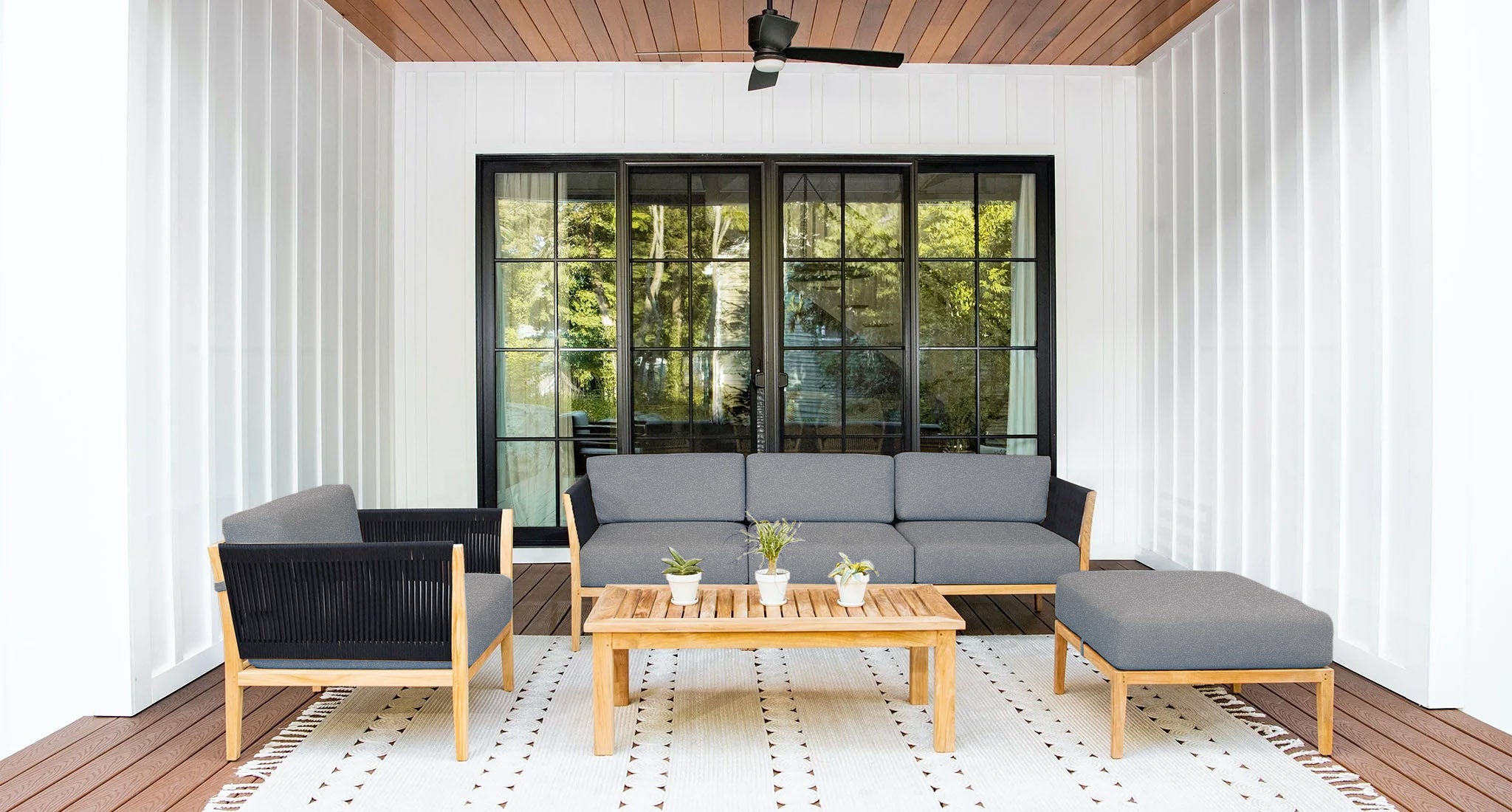 Malibu teak and rope outdoor sofa set - Sunbrella Cast Slate