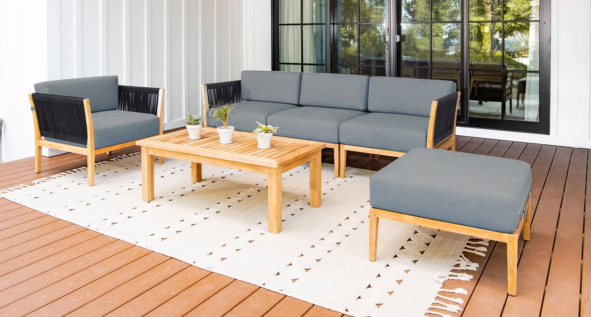 Malibu teak and rope outdoor sofa set angle - Sunbrella Cast Slate