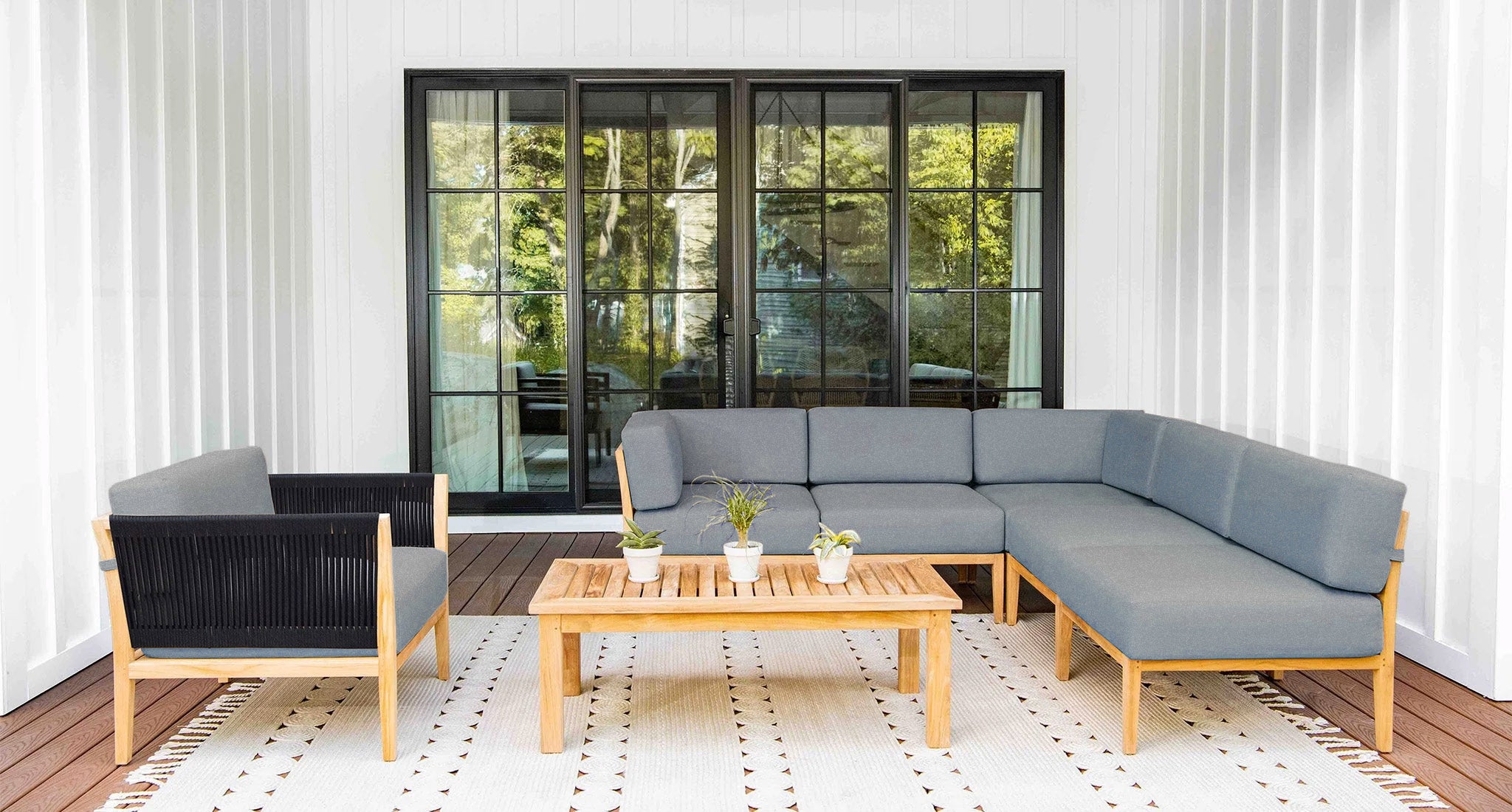 Malibu teak and rope sectional set - Sunbrella Cast Slate