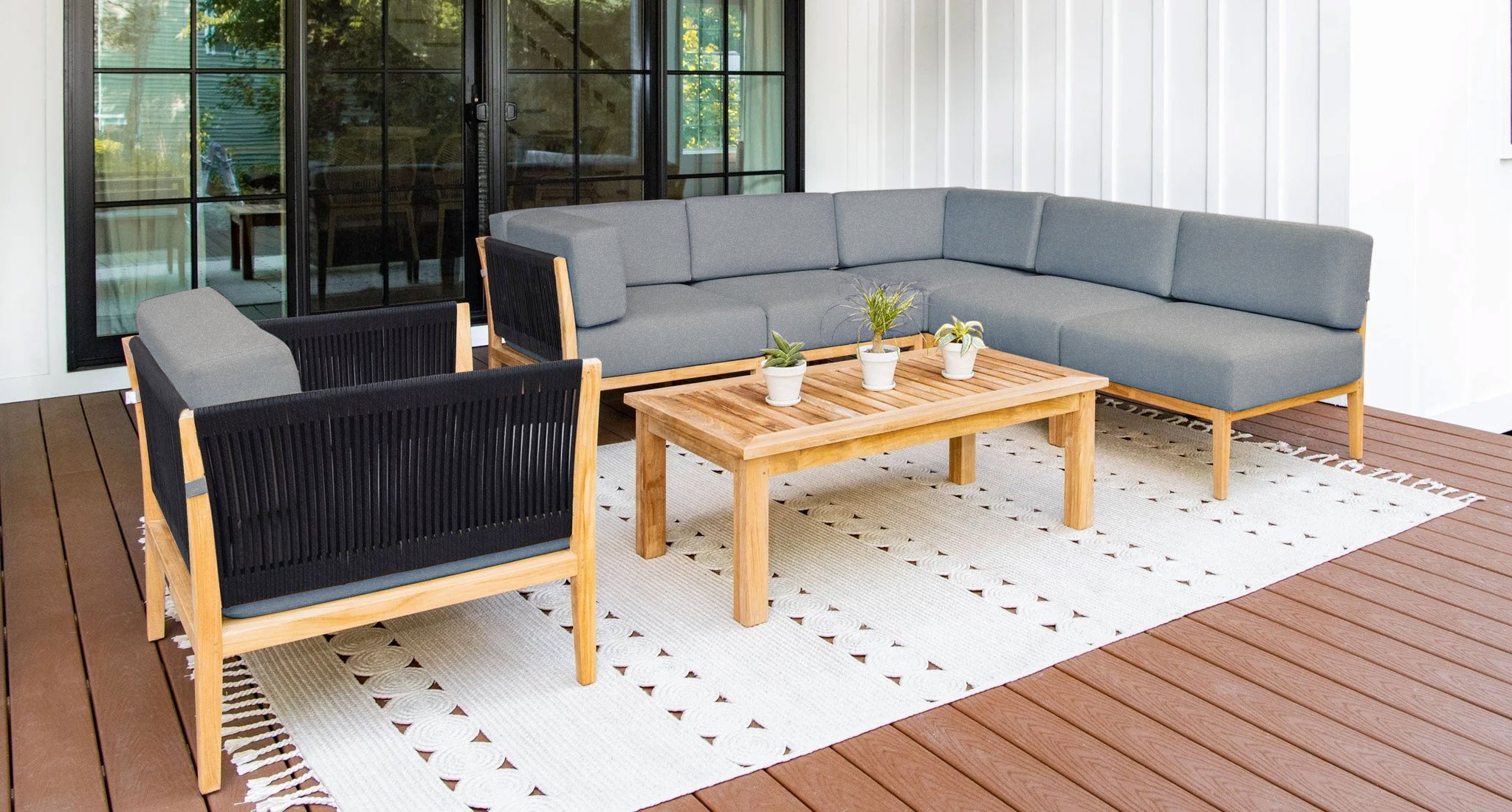 Malibu teak and rope sectional set angle - Sunbrella Cast Slate