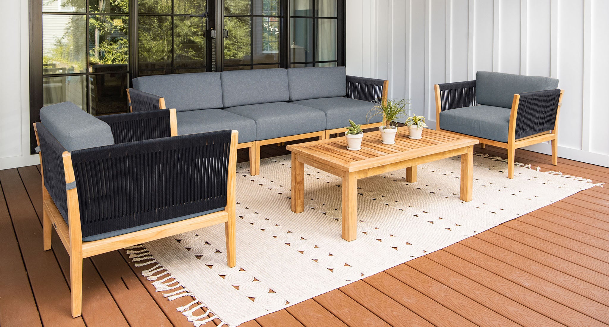 Malibu Teak & Rope Sofa Club Chair Set2 - Sunbrella Cast Slate