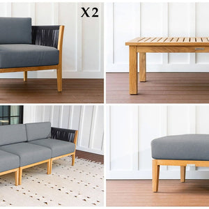 Malibu Teak & Rope Sofa Club Chair Set pieces - Sunbrella Cast Slate