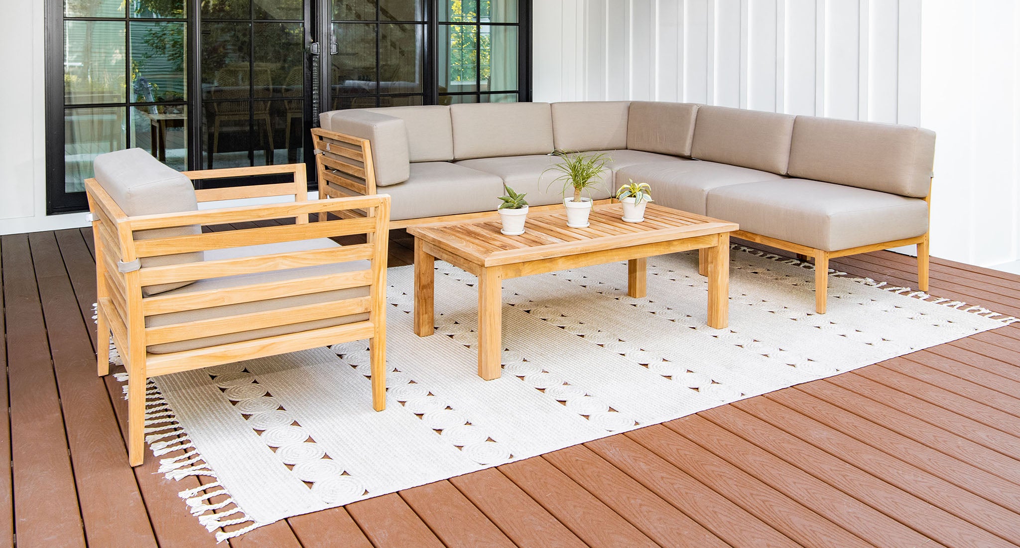 Bali teak outdoor sectional set - Sunbrella Spectrum Mushroom
