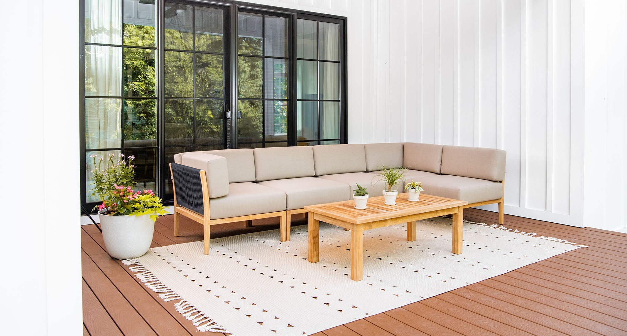 Malibu teak and rope outdoor sectional - Sunbrella Spectrum Mushroom