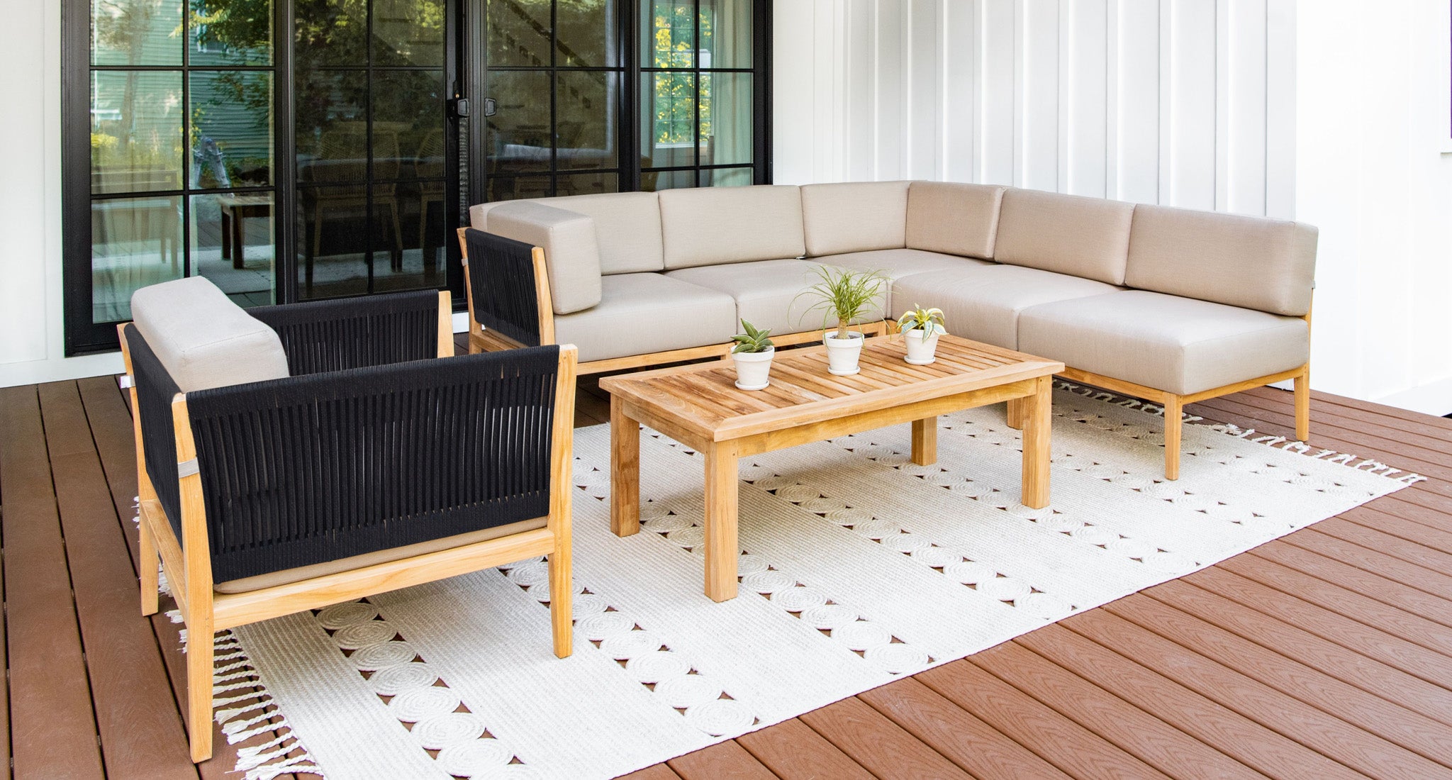 Malibu teak and rope sectional set angle - Sunbrella Spectrum Mushroom