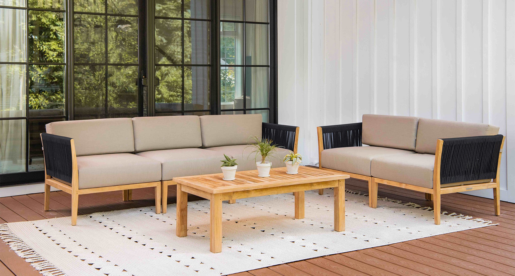 Malibu teak and rope sofa and loveseat set - Sunbrella Spectrum Mushroom