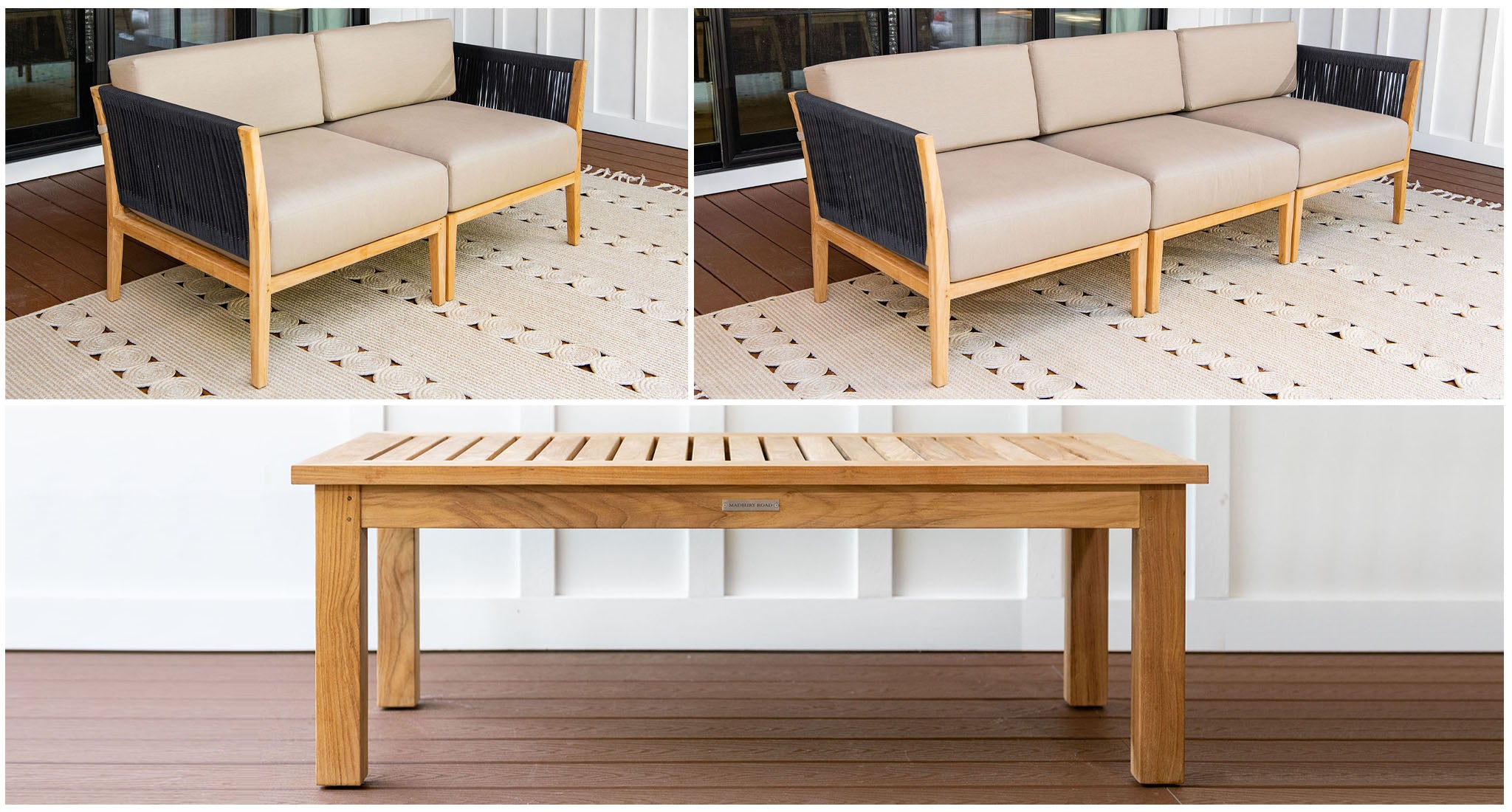 Malibu teak and rope sofa and loveseat set pieces - Sunbrella Spectrum Mushroom