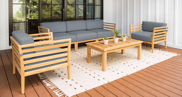 Bali Teak Outdoor Sofa & Club Chair Set - Sunbrella Cast Slate