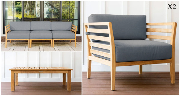 Teak outdoor sofa and club chair group pieces - Sunbrella Cast Slate