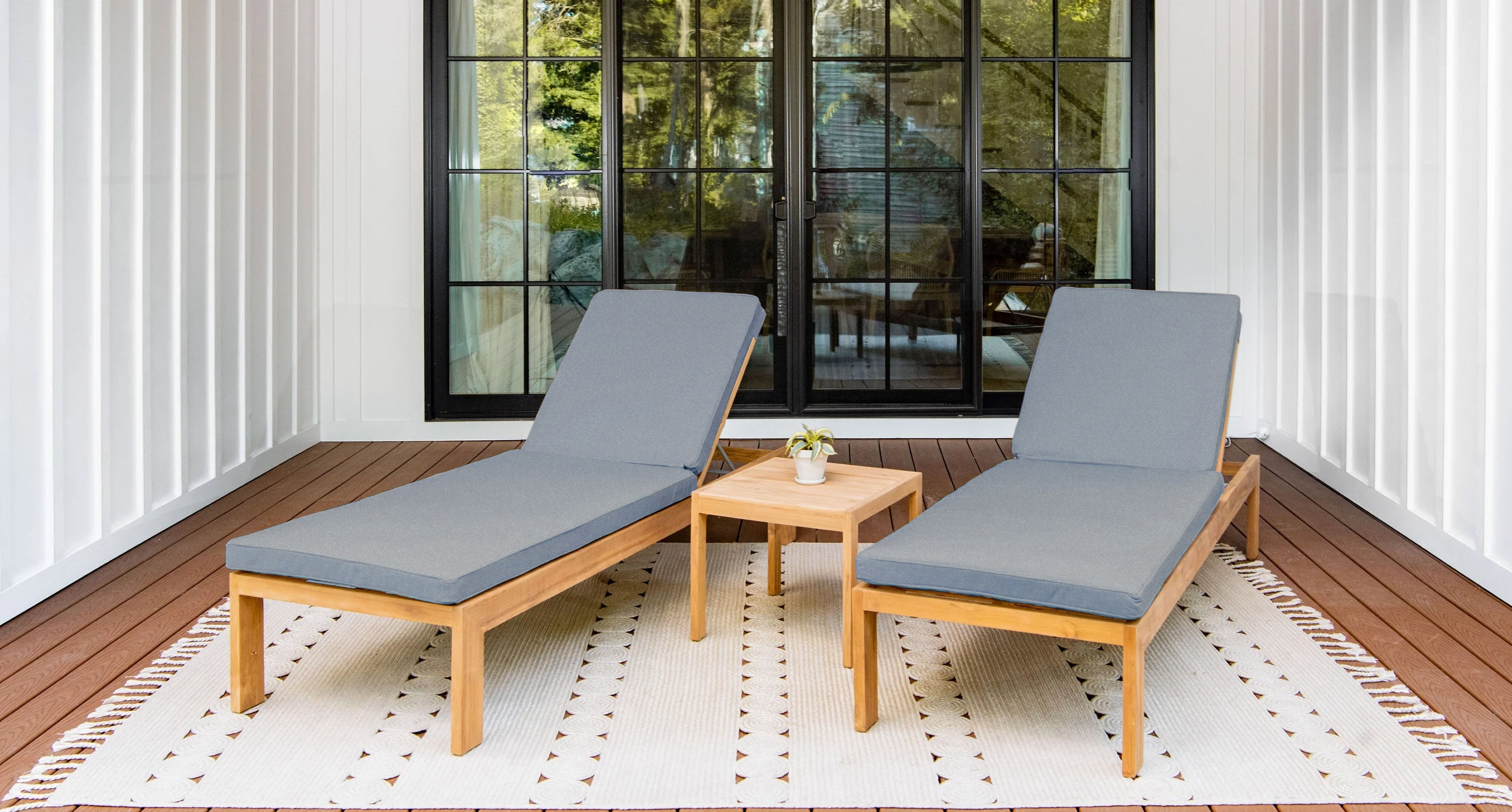 Teak outdoor lounge chair set angled - Sunbrella Cast Slate
