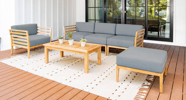 Bali teak outdoor sofa set angle- Sunbrella Cast Slate