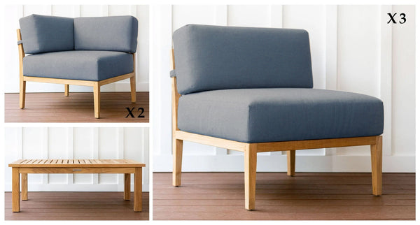 Malibu teak and rope outdoor sectional pieces- Sunbrella Cast Slate