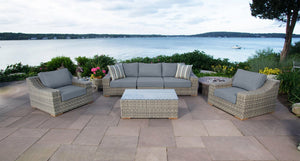 Corsica sofa and club chair set angled - Sunbrella Cast Slate