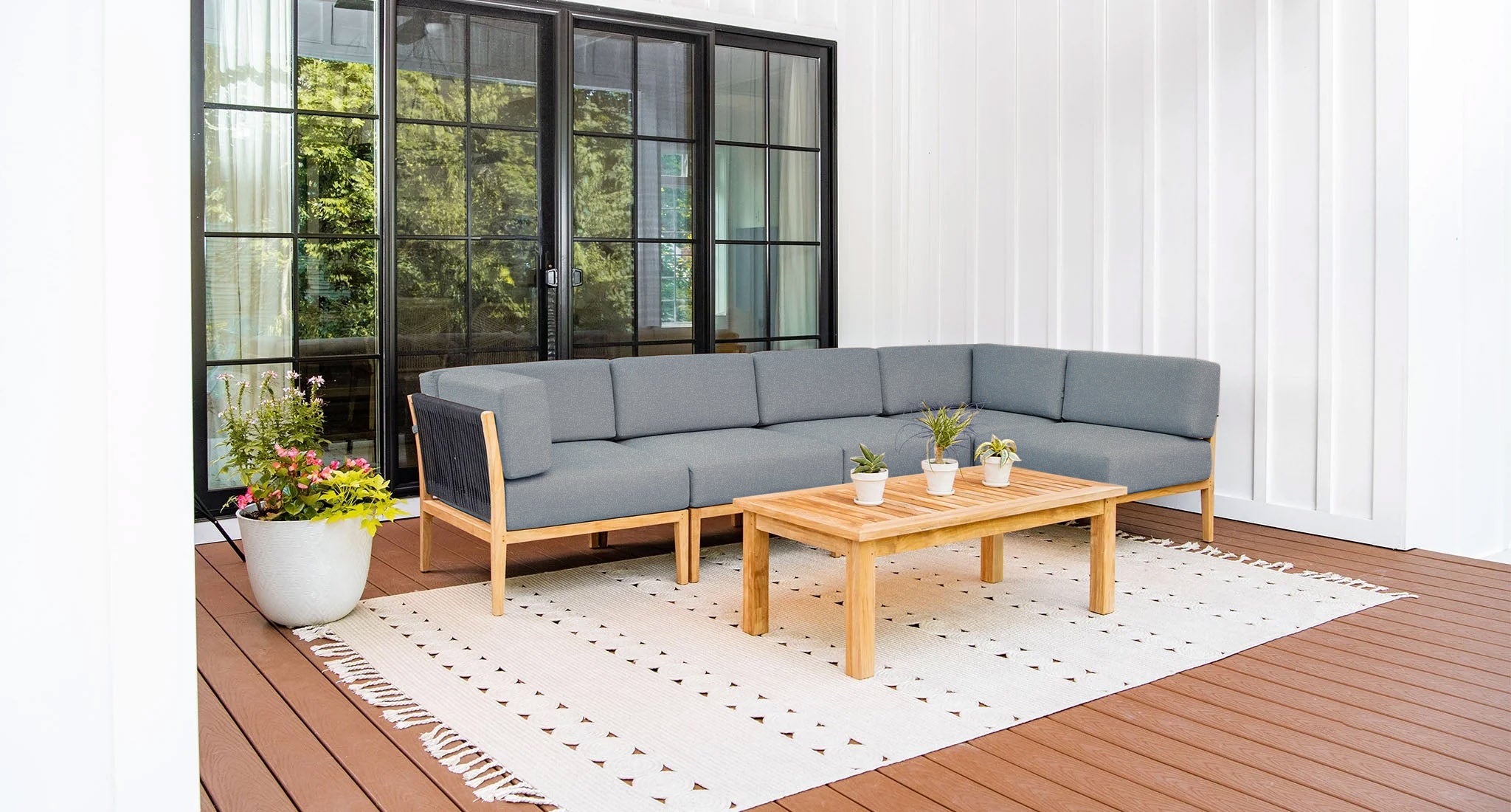 Malibu teak and rope outdoor sectional - Sunbrella Cast Slate