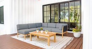 Malibu teak and rope outdoor sectional angle- Sunbrella Cast Slate