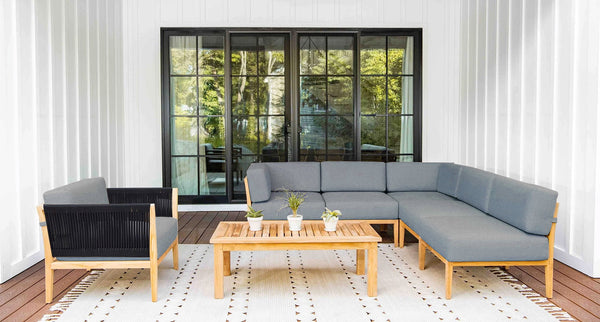 Malibu teak and rope sectional set - Sunbrella Cast Slate