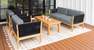 Malibu Teak & Rope Loveseat Club Chair Set angle- Sunbrella Cast Slate
