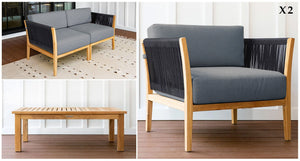 Malibu Teak & Rope Loveseat Club Chair Set pieces- Sunbrella Cast Slate