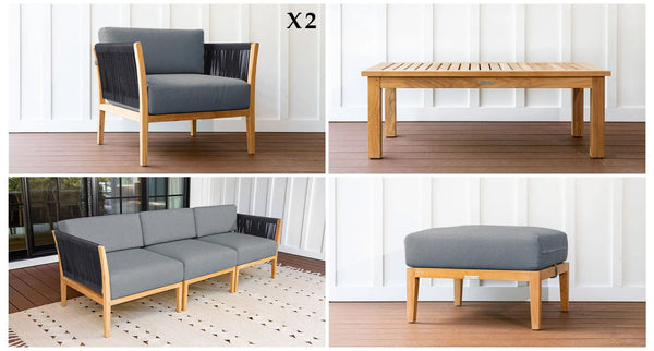 Malibu Teak & Rope Sofa Club Chair Set pieces - Sunbrella Cast Slate