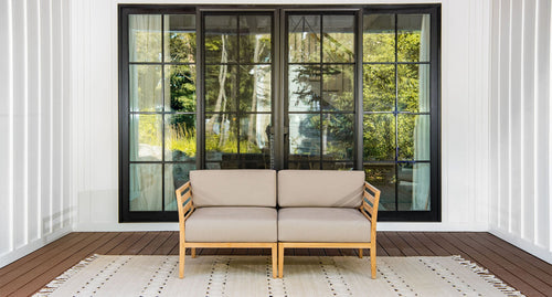 Bali teak outdoor loveseat - Sunbrella Spectrum Mushroom