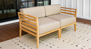 Bali teak outdoor loveseat side - Sunbrella Spectrum Mushroom