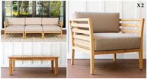 Teak outdoor sofa and club chair group pieces - Sunbrella Spectrum Mushroom