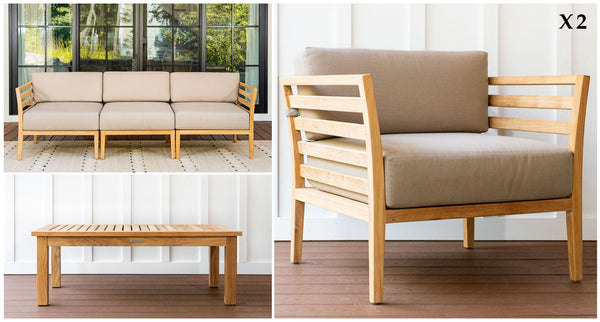 Teak outdoor sofa and club chair group pieces - Sunbrella Spectrum Mushroom