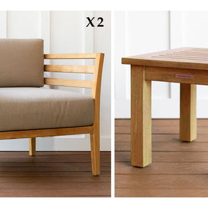 Teak outdoor club chair and end table - Sunbrella Spectrum Mushroom