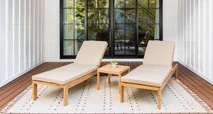 Teak outdoor lounge chair set angled - Sunbrella Spectrum Mushroom