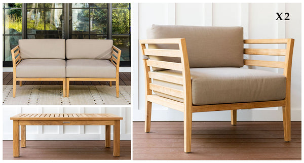 Bali Teak Loveseat & Club Chair Set pieces - Sunbrella Spectrum Mushroom