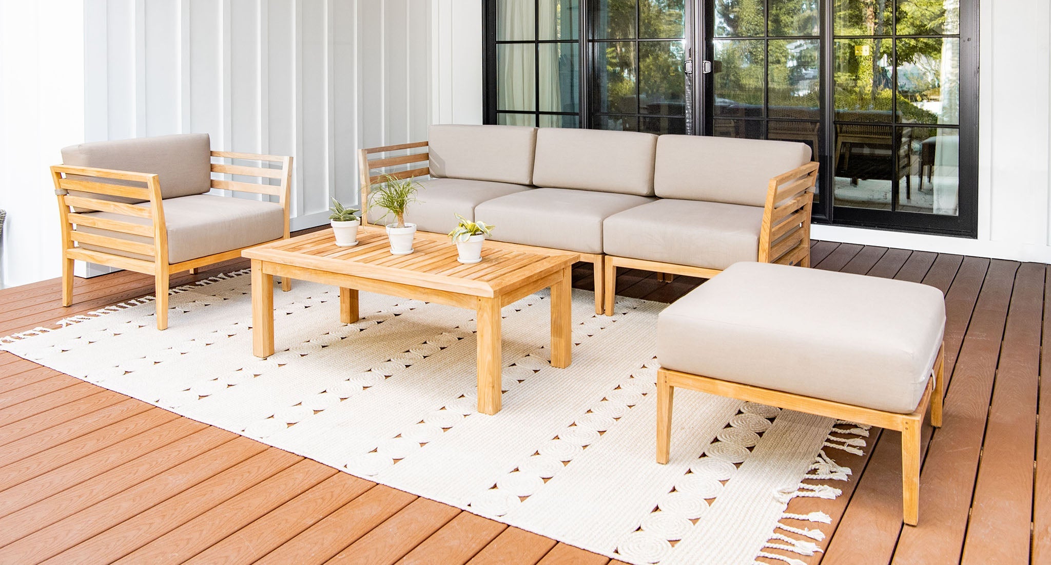 BaliBali teak outdoor sofa set angle - Sunbrella Spectrum Mushroom teak outdoor sofa set 2