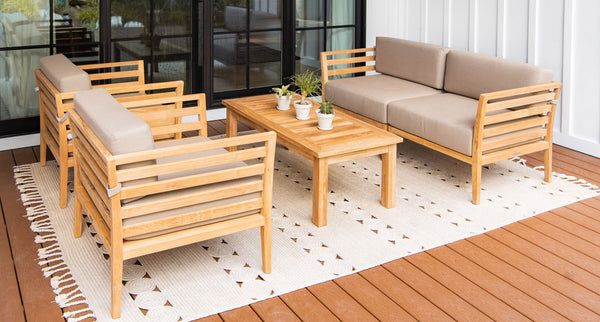 Bali Teak Loveseat & Club Chair Set side - Sunbrella Spectrum Mushroom