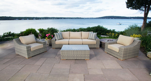 Corsica sofa and club chair set angled - Sunbrella Spectrum Mushroom