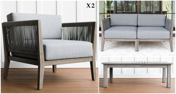 Fiji Teak & Rope Outdoor Loveseat Club Chair Set