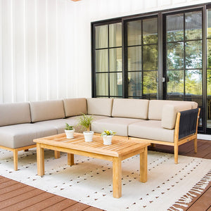 Malibu teak and rope outdoor sectional angle - Sunbrella Spectrum Mushroom