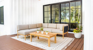 Malibu teak and rope outdoor sectional angle - Sunbrella Spectrum Mushroom