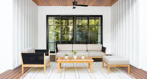 Malibu teak and rope outdoor sofa set - Sunbrella Spectrum Mushroom