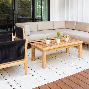 Malibu teak and rope sectional set angle - Sunbrella Spectrum Mushroom