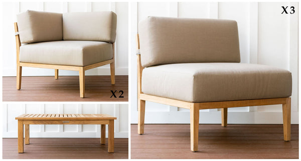 Malibu teak and rope outdoor sectional pieces- Sunbrella Spectrum Mushroom