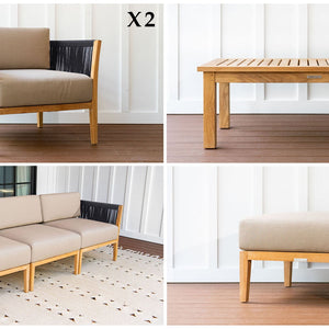 Malibu teak and rope outdoor sofa set pieces - Sunbrella Spectrum Mushroom