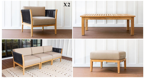 Malibu teak and rope outdoor sofa set pieces - Sunbrella Spectrum Mushroom