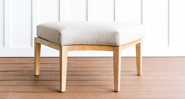 Santorini teak ottoman2 - Sunbrella Spectrum Mushroom