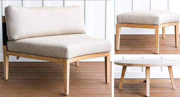 Teak and rope santorini outdoor daybed pieces - Sunbrella Spectrum Mushroom